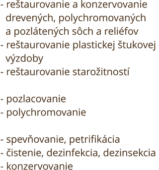 reštaurovanie a konzervovanie, drevených, polychromovaných a pozlátených sôch a reliéfov, reštaurovanie plastickej štukovej výzdoby, reštaurovanie starožitností, pozlacovanie, polychromovanie, spevňovanie, petrifikácia, čistenie, dezinfekcia, dezinsekcia,