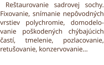 Reštaurovanie sadrovej sochy. Fixovanie, snímanie nepôvodných vrstiev polychromie, domodelovanie poškodených chýbajúcich častí, tmelenie, pozlacovanie, retušovanie, konzervovanie
