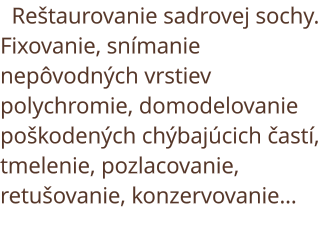 Reštaurovanie sadrovej sochy. Fixovanie, snímanie nepôvodných vrstiev polychromie, domodelovanie poškodených chýbajúcich častí, tmelenie, pozlacovanie, retušovanie, konzervovanie