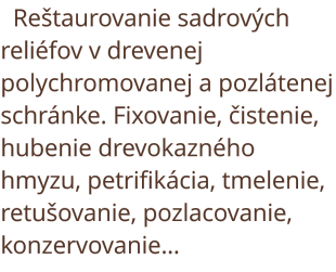 Reštaurovanie drevenej sochy. Fixovanie, čistenie, petrifikacia, tmelenie, retušovanie, pozlacovanie, konzervovanie