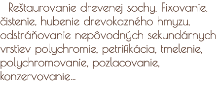 Reštaurovanie drevenej sochy. Fixovanie, čistenie, petrifikacia, tmelenie, retušovanie, pozlacovanie, konzervovanie