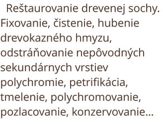 Reštaurovanie drevenej sochy. Fixovanie, čistenie, petrifikacia, tmelenie, retušovanie, pozlacovanie, konzervovanie