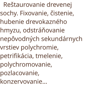 Reštaurovanie drevenej sochy. Fixovanie, čistenie, petrifikacia, tmelenie, retušovanie, pozlacovanie, konzervovanie